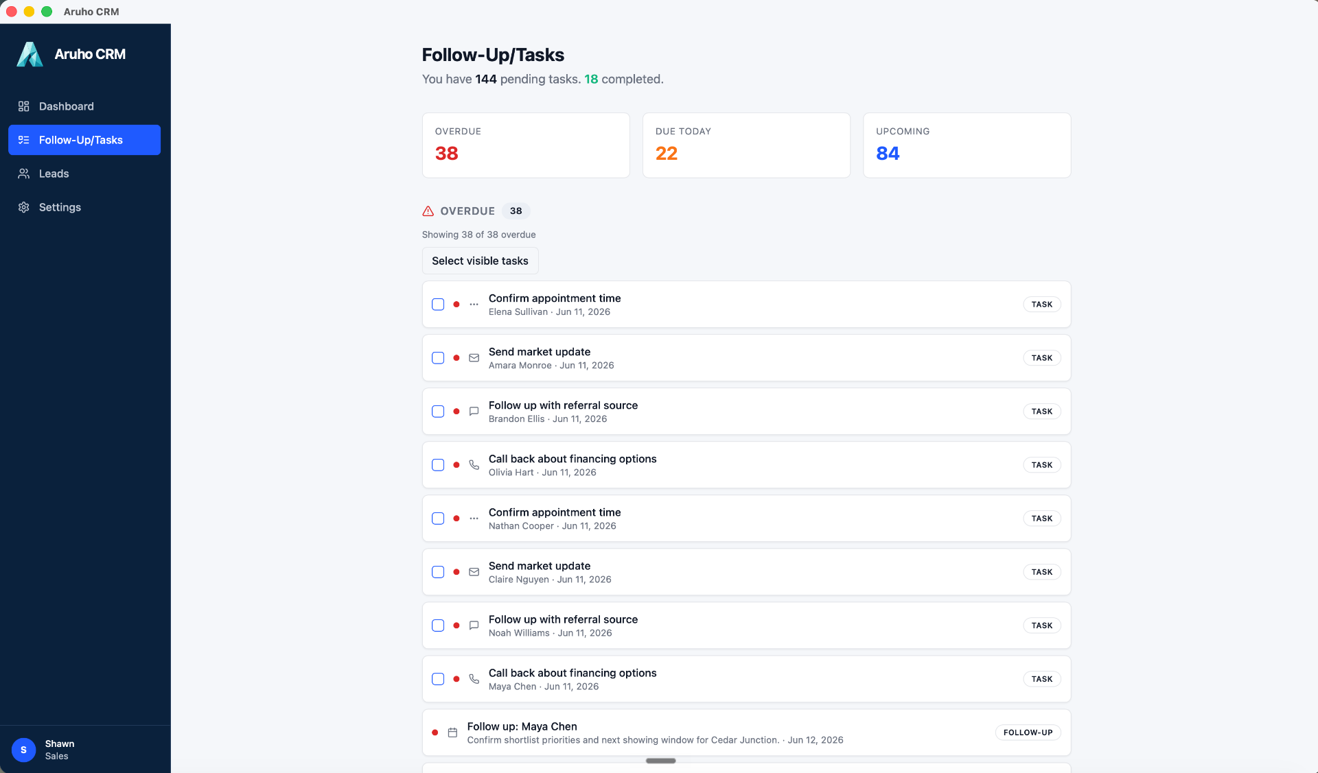 Aruho CRM Follow-Up and Tasks screen with overdue, due today, and upcoming counts