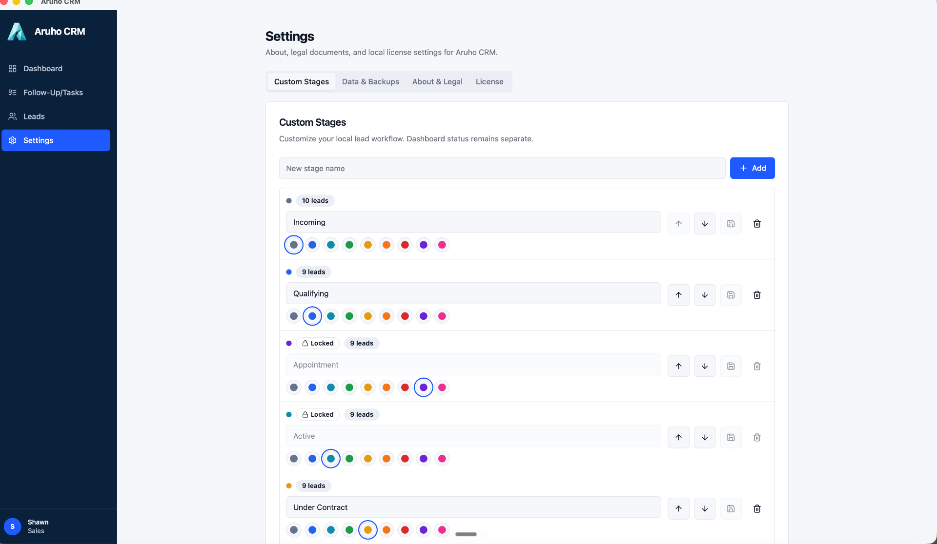 Aruho CRM Settings screen with Custom Stages, Data & Backups, About & Legal, and License tabs